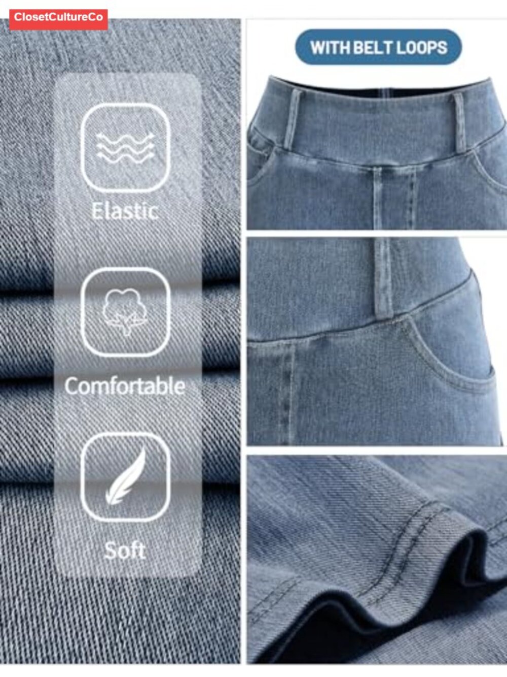 Women's Wide Leg High Waisted Stretch Pull-On Baggy Denim Jeans with Pockets - Picture 2 of 6